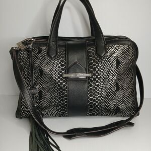 Aimee Kestenberg Leather Handbag  Black Purse Snake Print Metallic Satchel